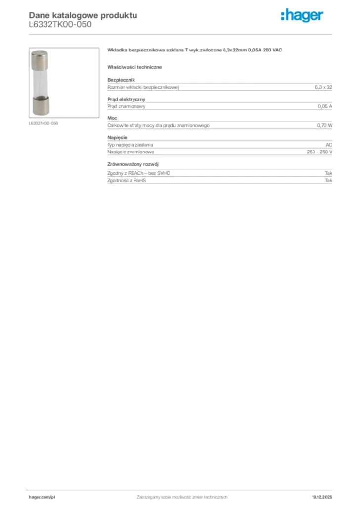 Zdjęcie Hager Karta katalogowa L6332TK00-050 | Hager Polska