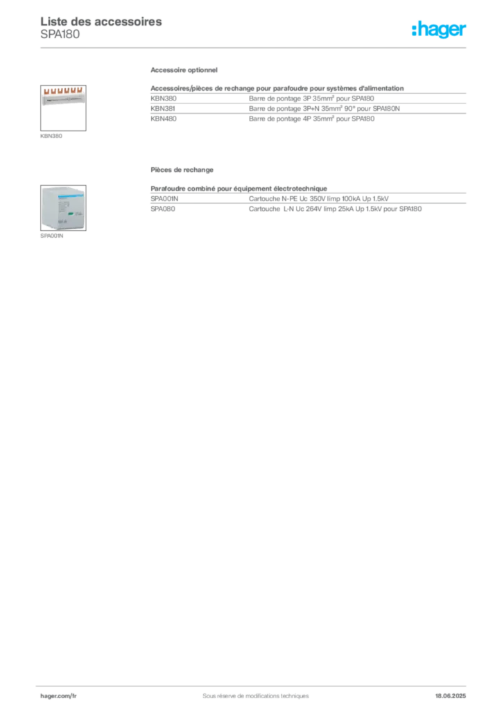 Image Hager Fiche technique du produit SPA180 | Hager France