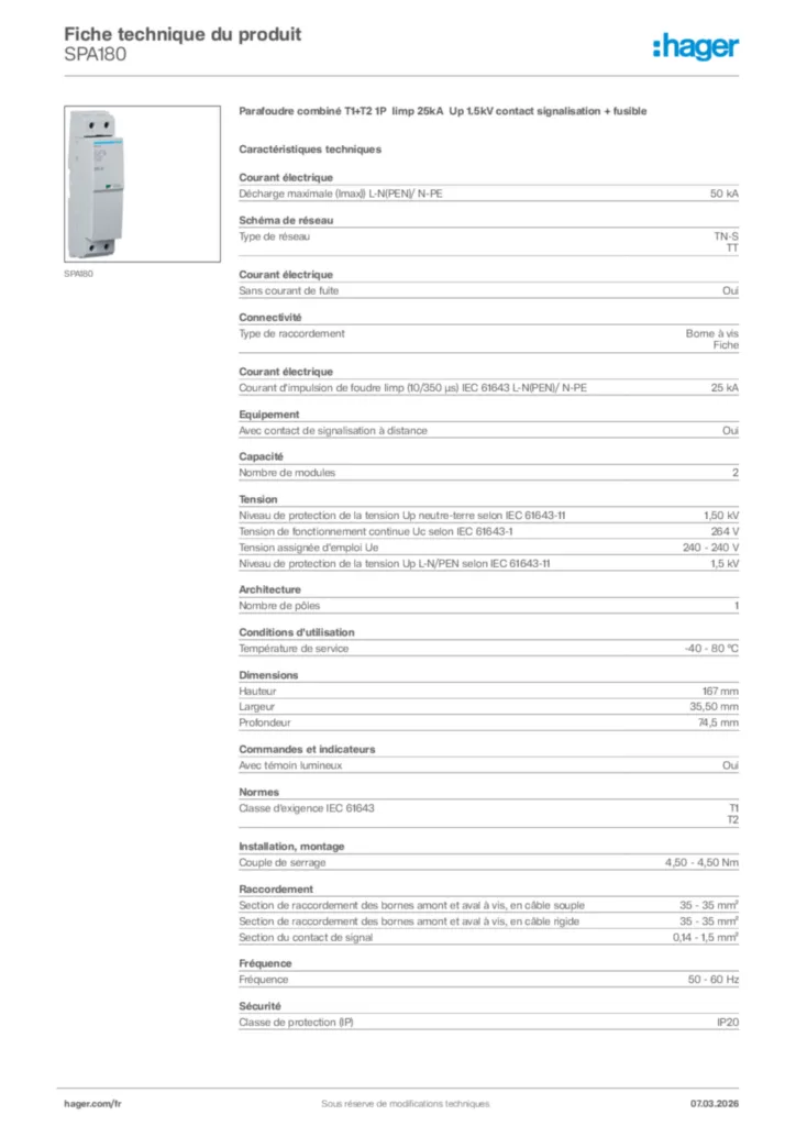 Image Hager Fiche technique du produit SPA180 | Hager France