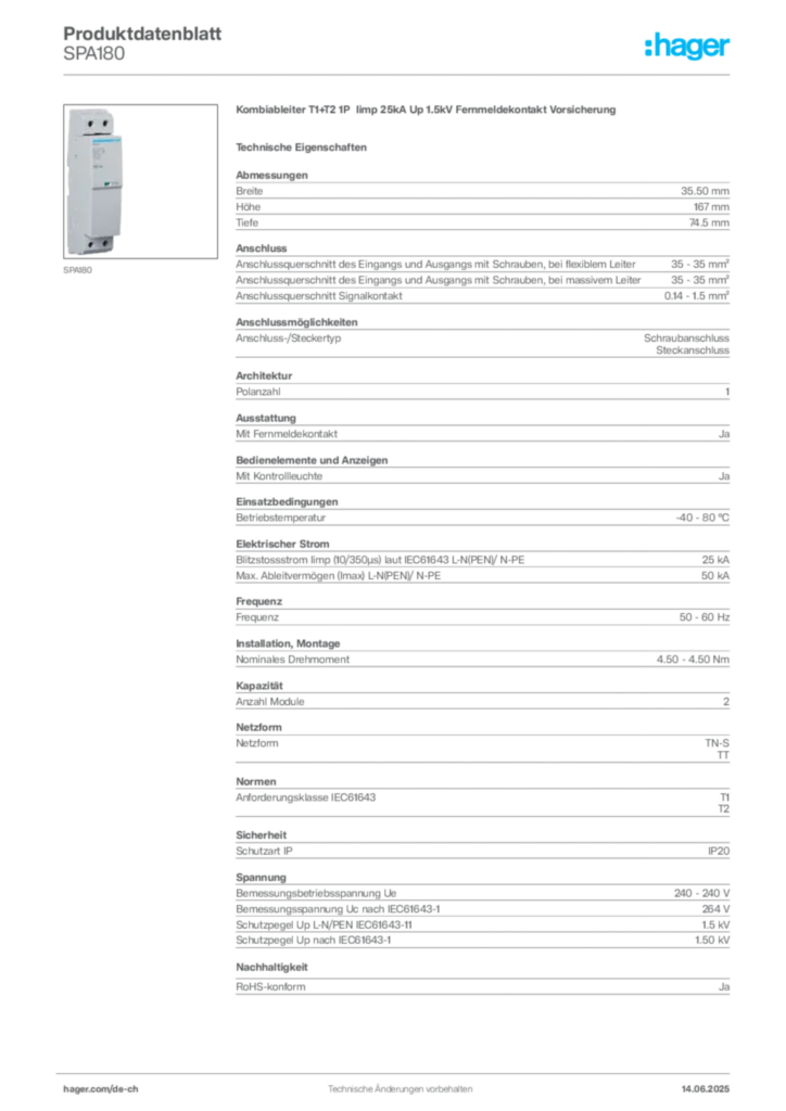 Bild Hager Produktdatenblatt SPA180 | Hager Schweiz