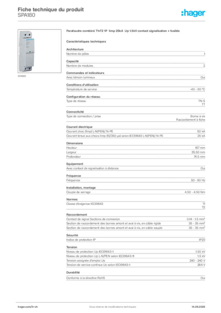 Image Hager Fiche technique du produit SPA180 | Hager Suisse