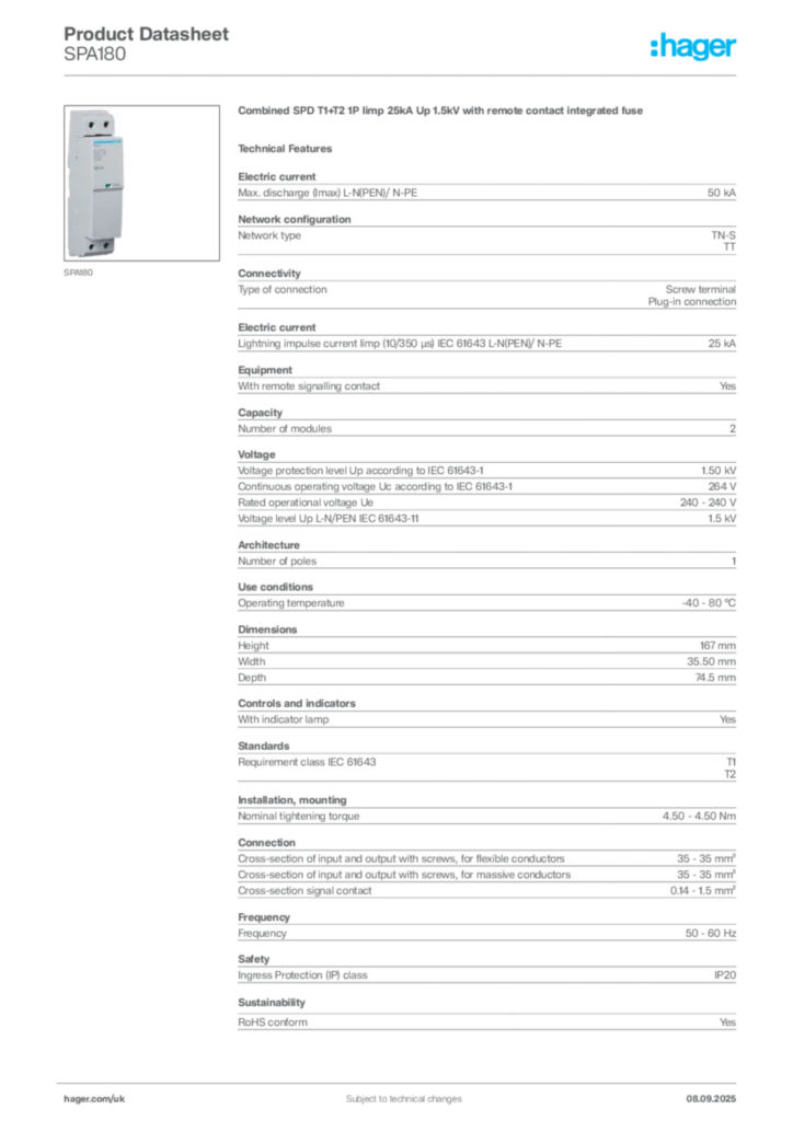Image Hager Product data sheet SPA180  | Hager