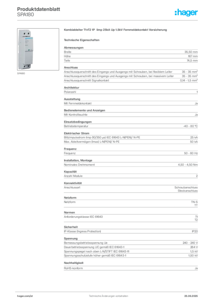 Bild Hager Produktdatenblatt SPA180 | Hager Deutschland