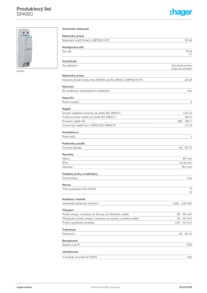 Obrázek Hager Produktový list SPA180 | Hager