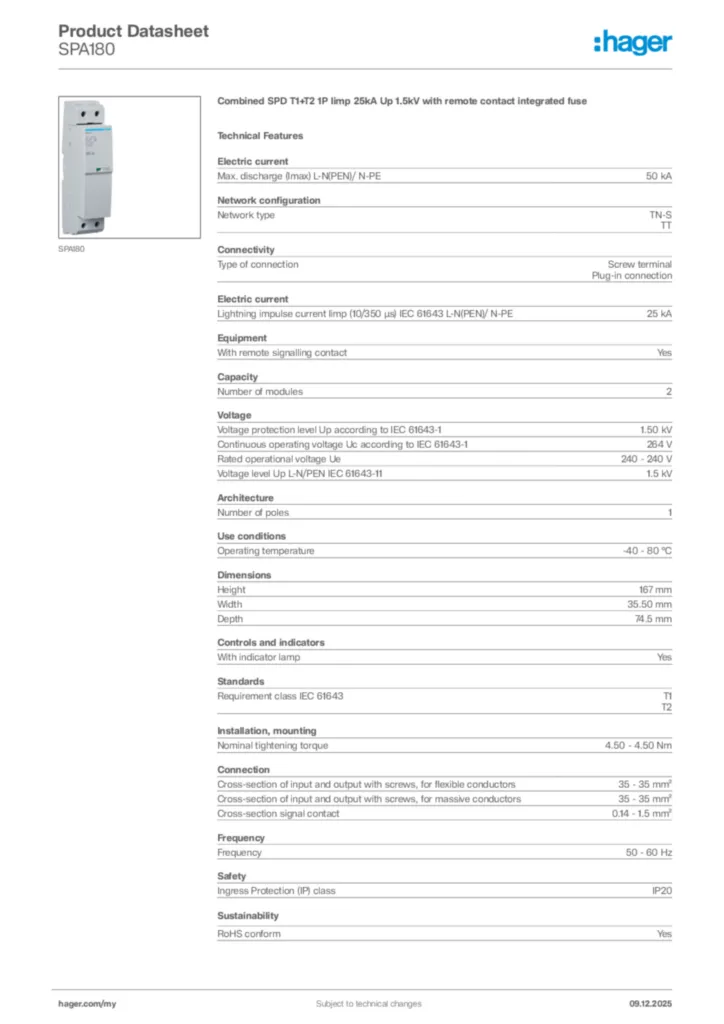 Image Hager Product data sheet SPA180  | Hager