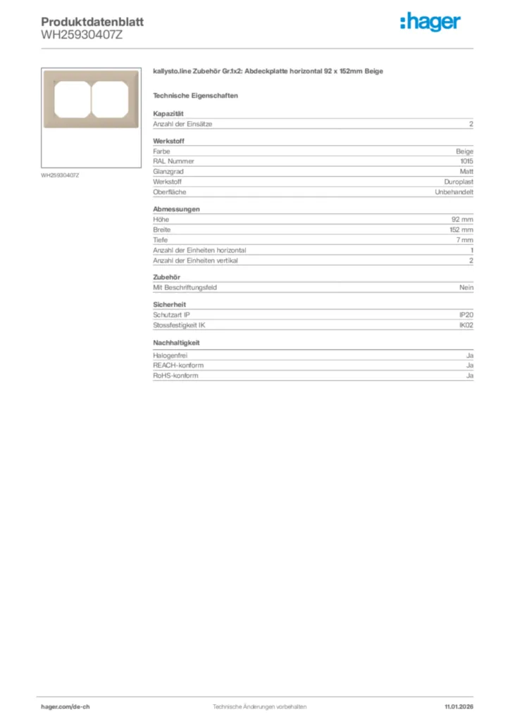 Bild Hager Produktdatenblatt WH25930407Z | Hager Schweiz