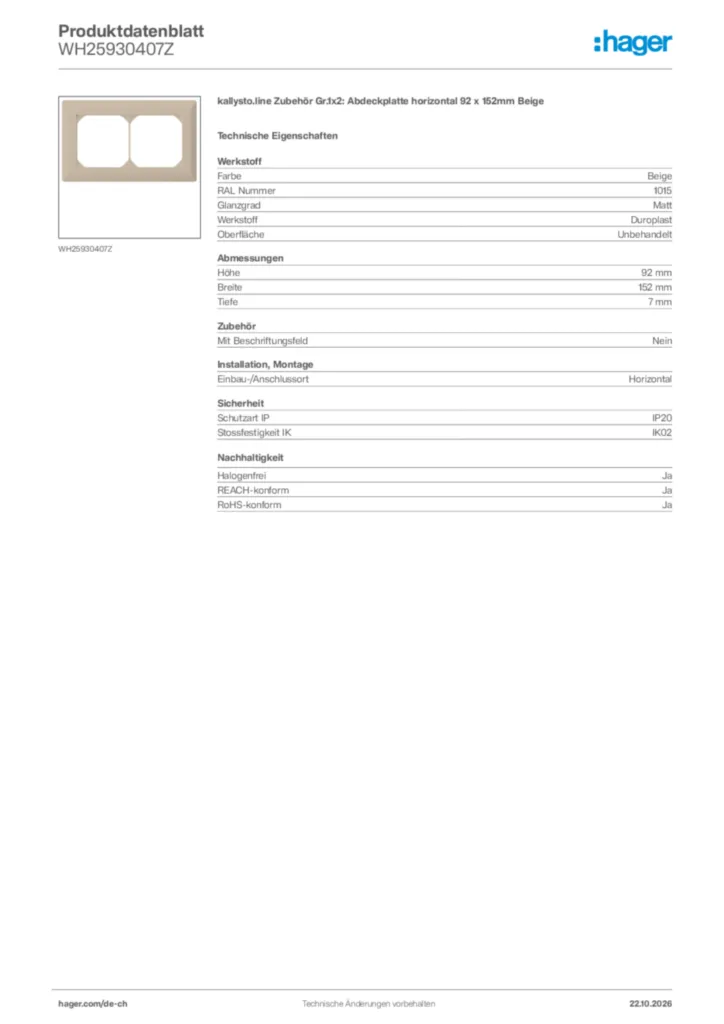 Bild Hager Produktdatenblatt WH25930407Z | Hager Schweiz