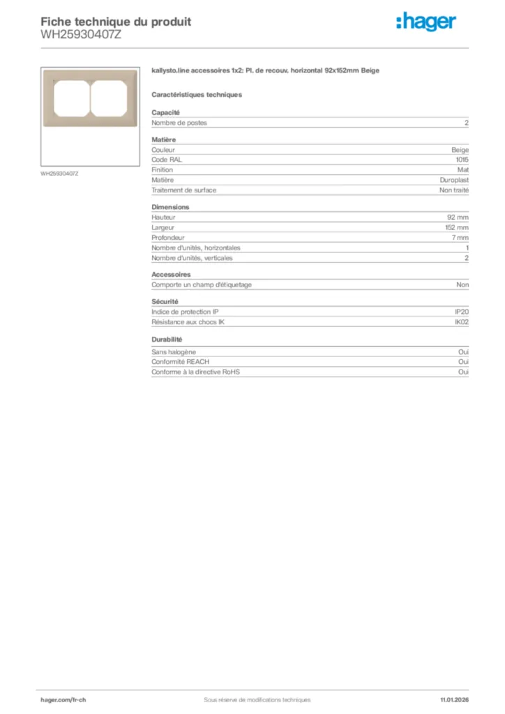 Image Hager Fiche technique du produit WH25930407Z | Hager Suisse