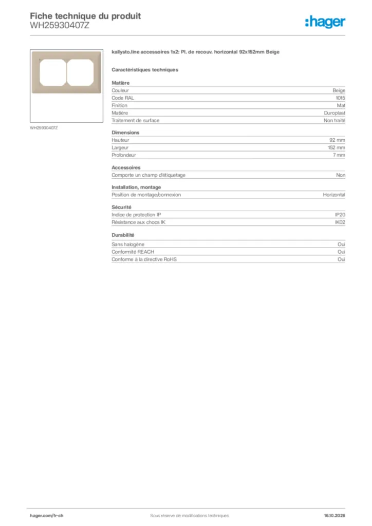 Image Hager Fiche technique du produit WH25930407Z | Hager Suisse