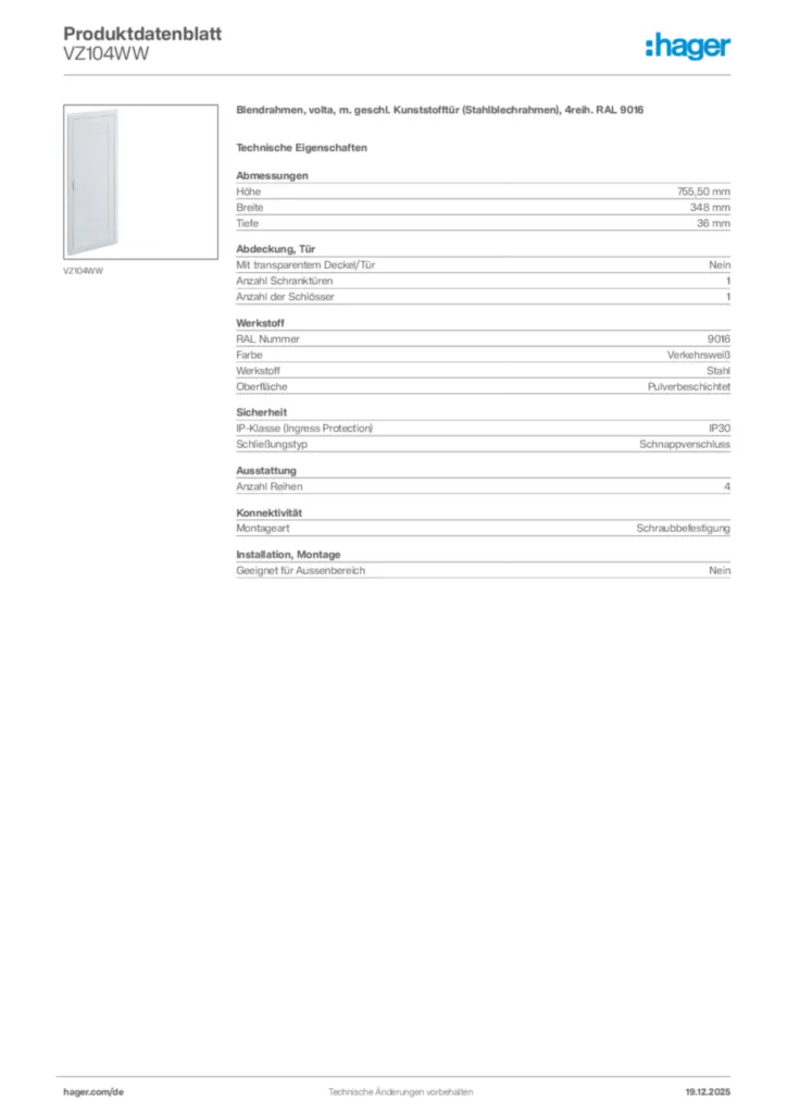 Bild Hager Produktdatenblatt VZ104WW | Hager Deutschland