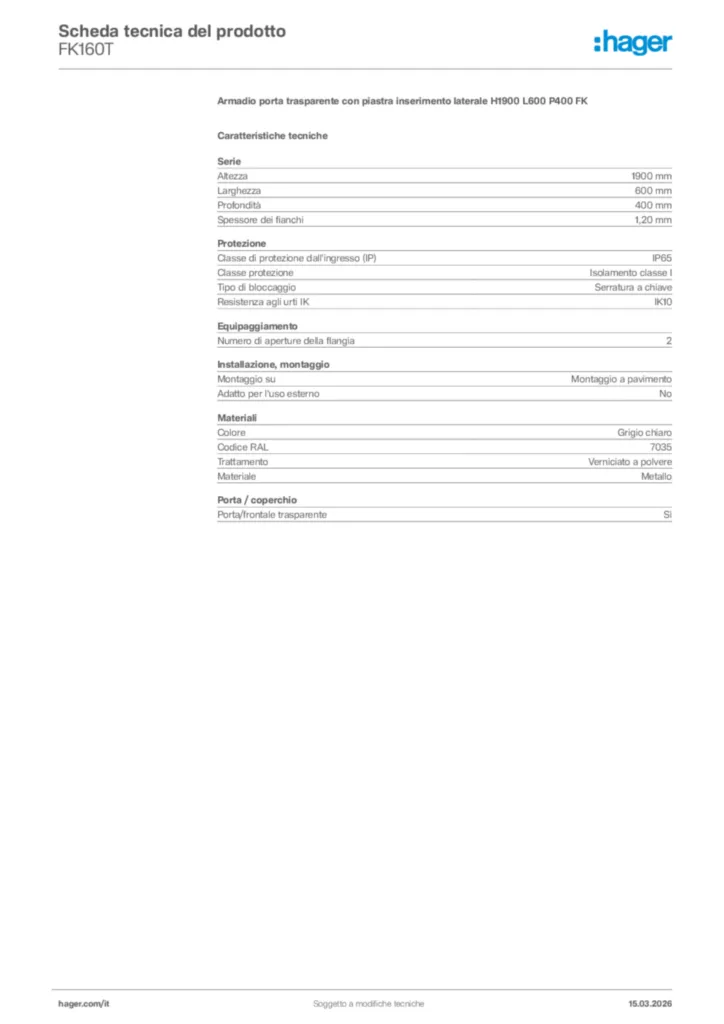 Immagine Hager Scheda tecnica del prodotto FK160T | Hager Italia