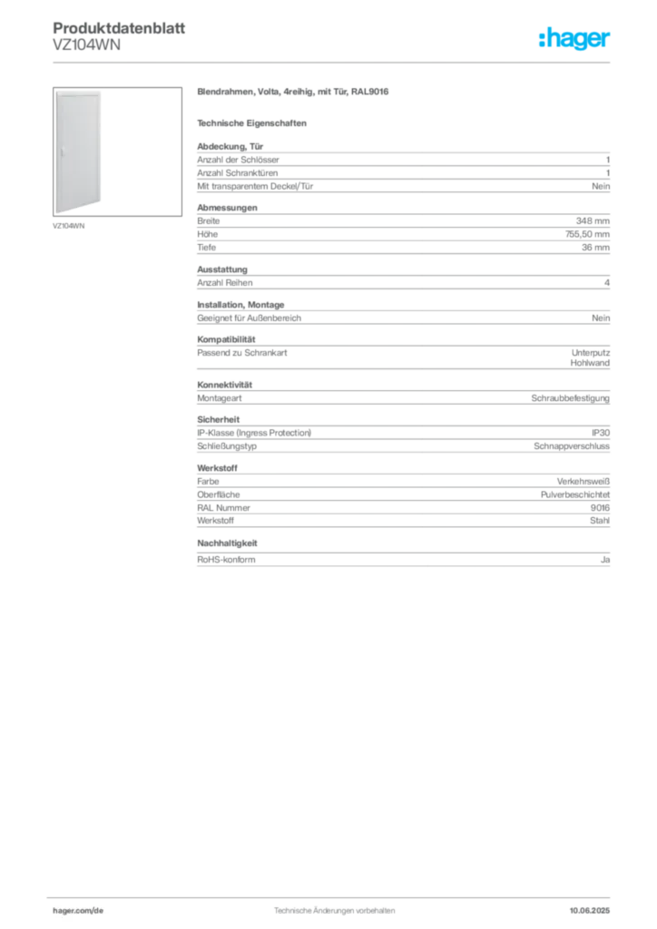 Hager Produktdatenblatt VZ104WN