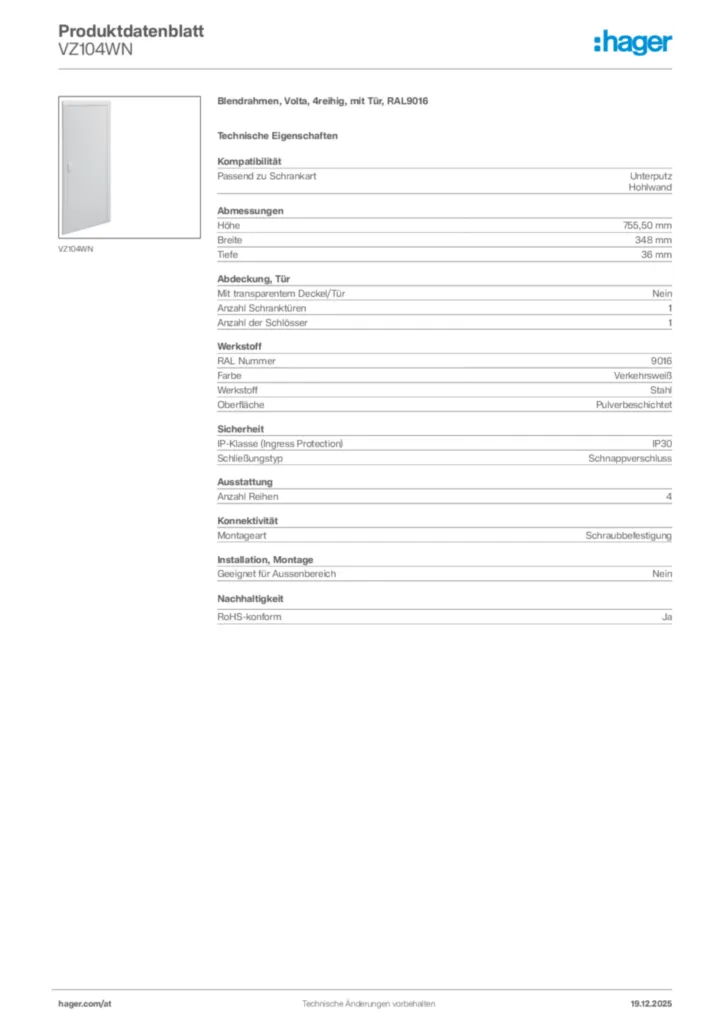 Bild Hager Produktdatenblatt VZ104WN | Hager Deutschland
