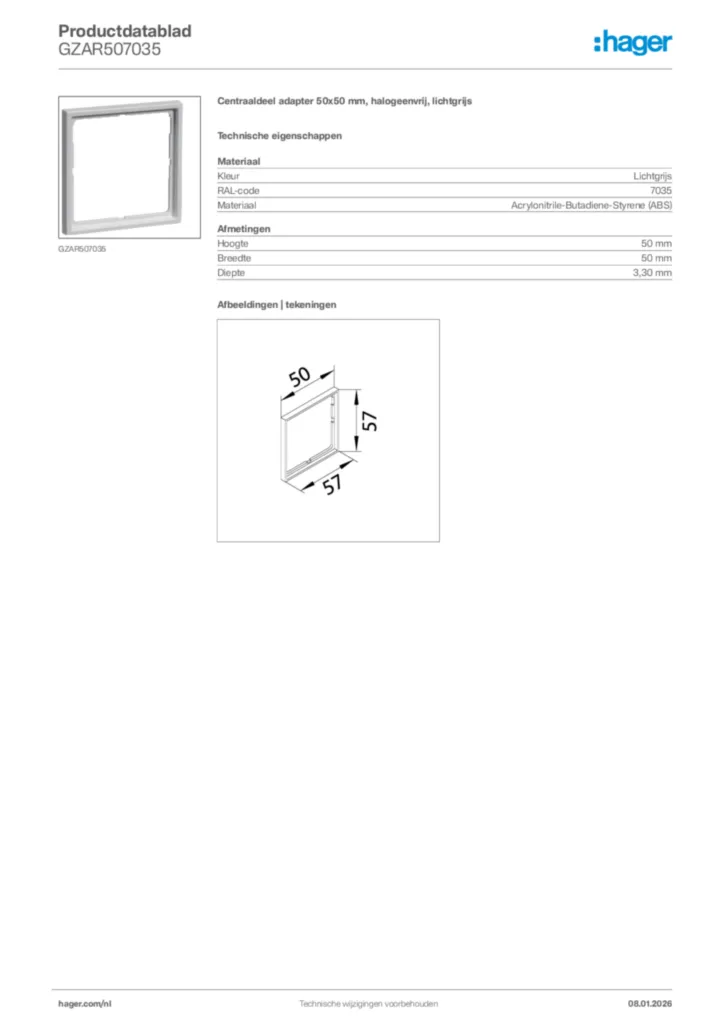 Afbeelding Hager Productdatablad GZAR507035 | Hager Nederland