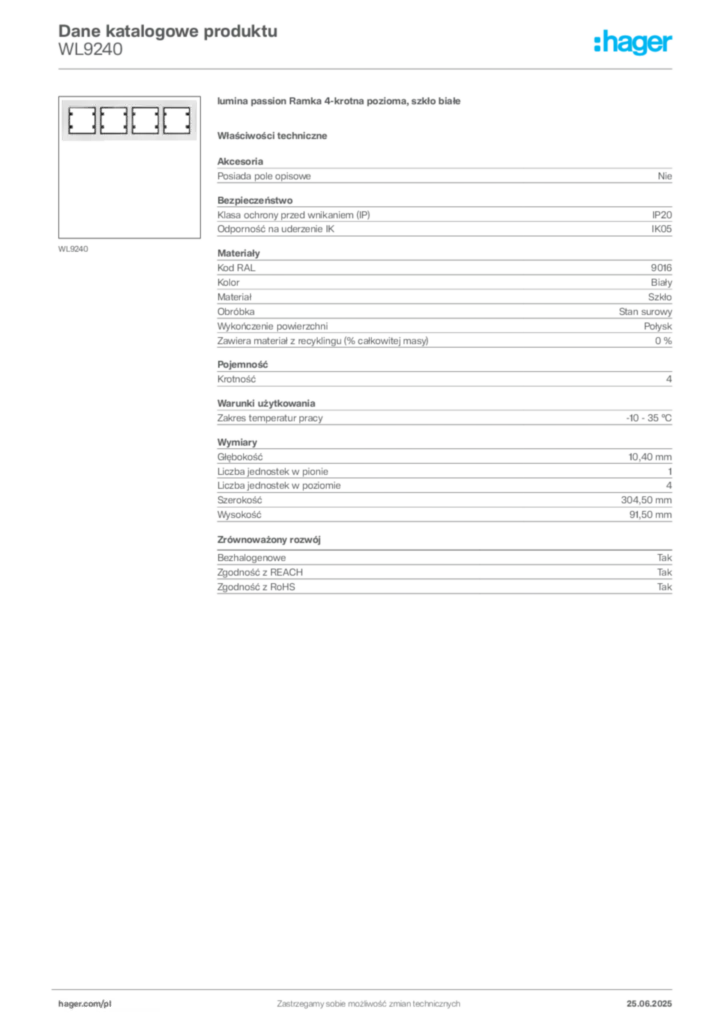Zdjęcie Hager Karta katalogowa WL9240 | Hager Polska