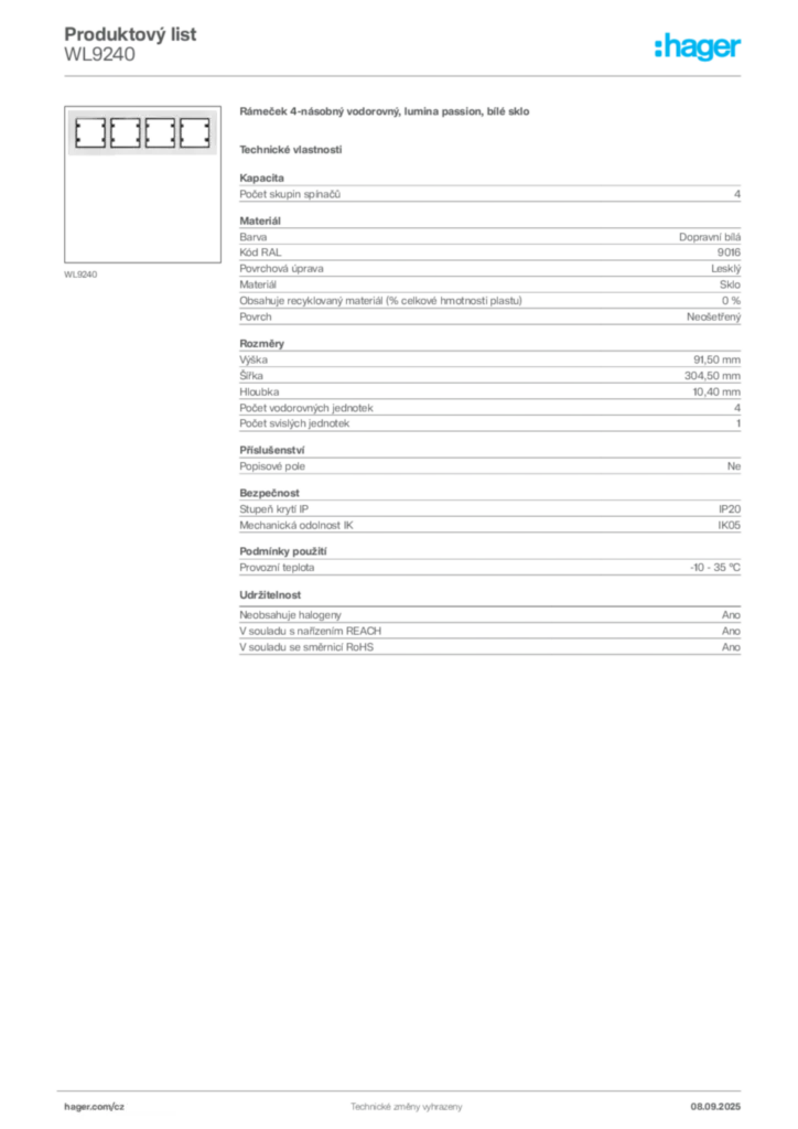 Obrázek Hager Produktový list WL9240 | Hager