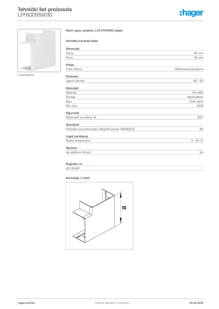Slika Hager Tehnički list proizvoda LFF600959010  | Hager