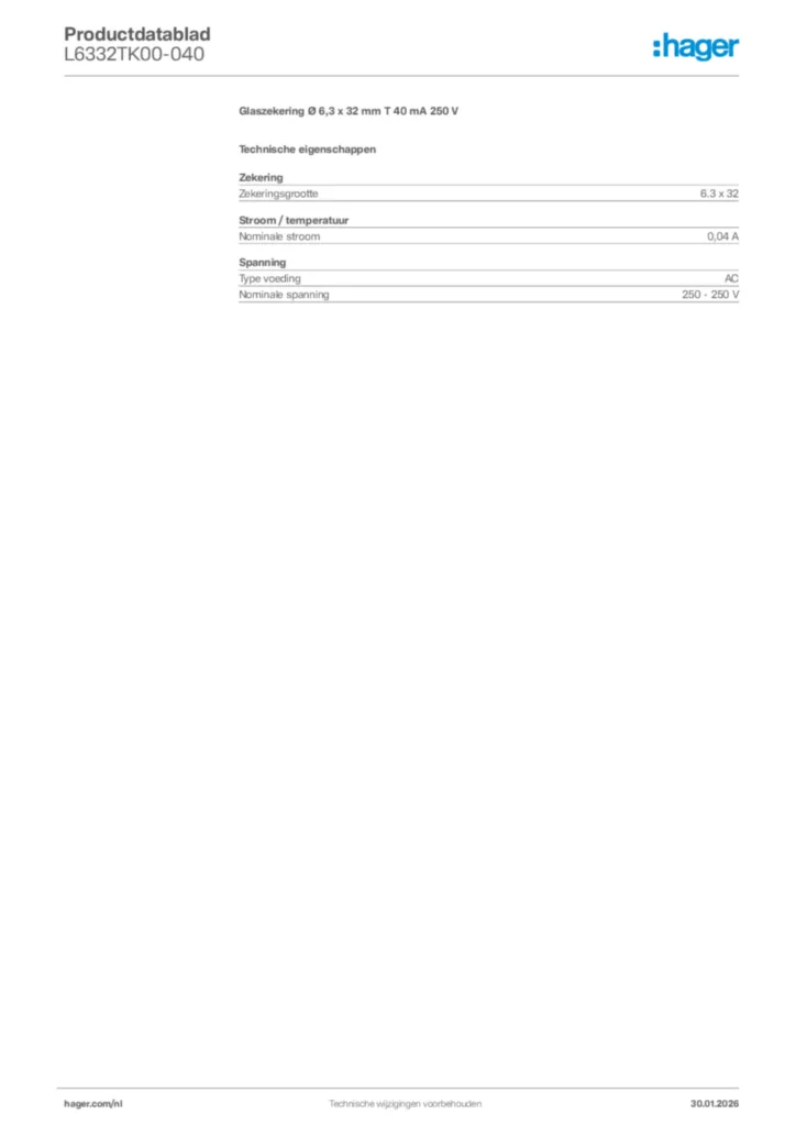 Afbeelding Hager Productdatablad L6332TK00-040 | Hager Nederland