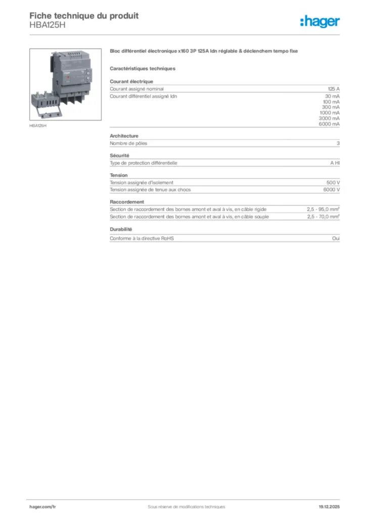 Image Hager Fiche technique du produit HBA125H | Hager France
