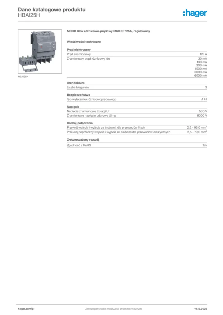 Zdjęcie Hager Karta katalogowa HBA125H | Hager Polska