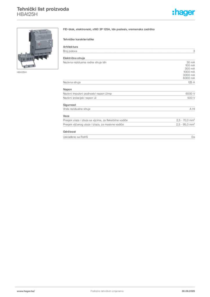 Slika Hager Product data sheet HBA125H  | Hager