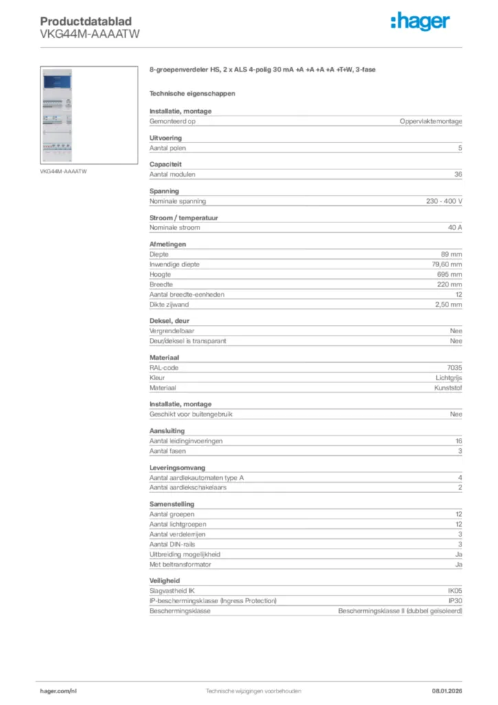 Afbeelding Hager Productdatablad VKG44M-AAAATW | Hager Nederland