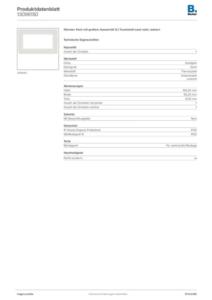 Bild Berker Produktdatenblatt 13096150 | Hager Deutschland