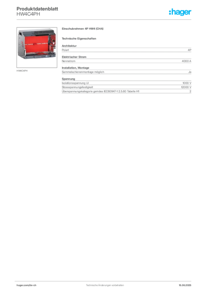 Bild Hager Produktdatenblatt HW4C4PH | Hager Schweiz