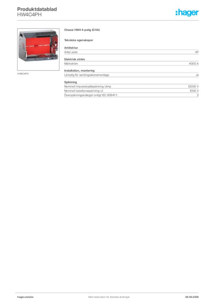 Bild Hager Produktdatablad HW4C4PH | Hager Sverige