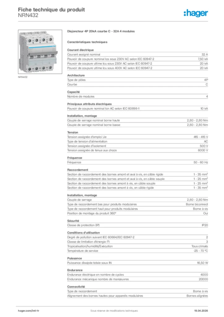 Image Hager Fiche technique du produit NRN432 | Hager Afrique