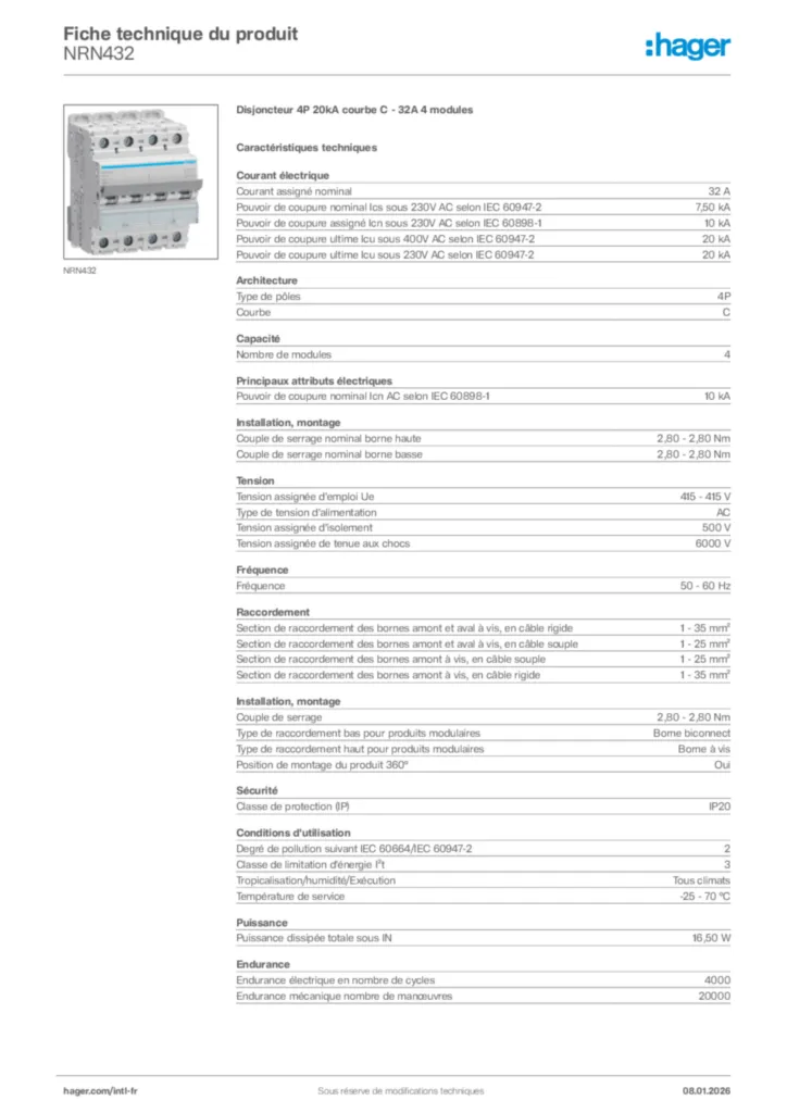 Image Hager Fiche technique du produit NRN432 | Hager Afrique