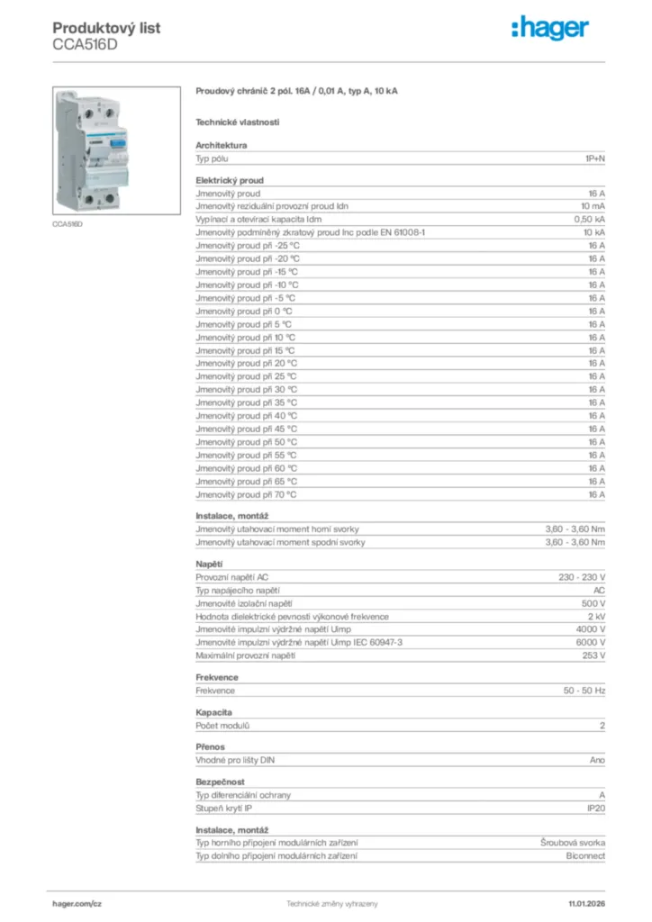 Obrázek Hager Product data sheet CCA516D | Hager