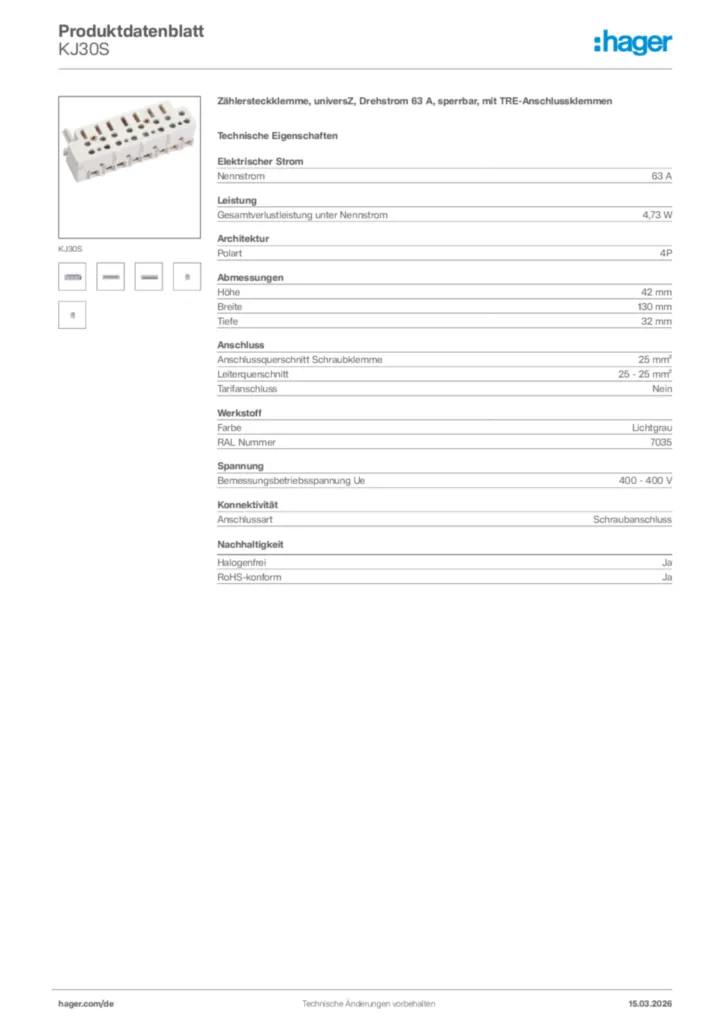 Bild Hager Produktdatenblatt KJ30S | Hager Deutschland