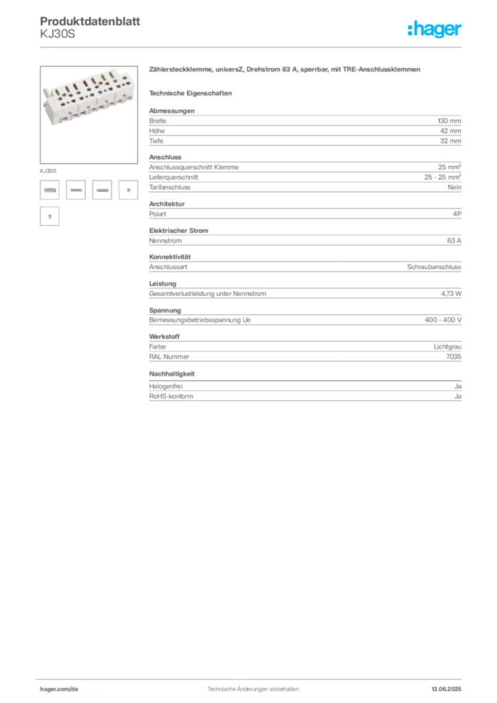 Hager Produktdatenblatt KJ30S