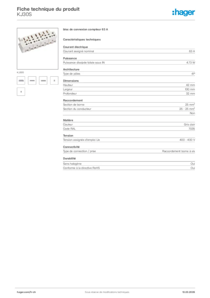 Image Hager Fiche technique du produit KJ30S | Hager Suisse