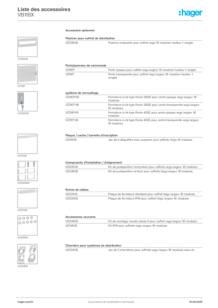 Image Hager Fiche technique du produit VB118X | Hager France