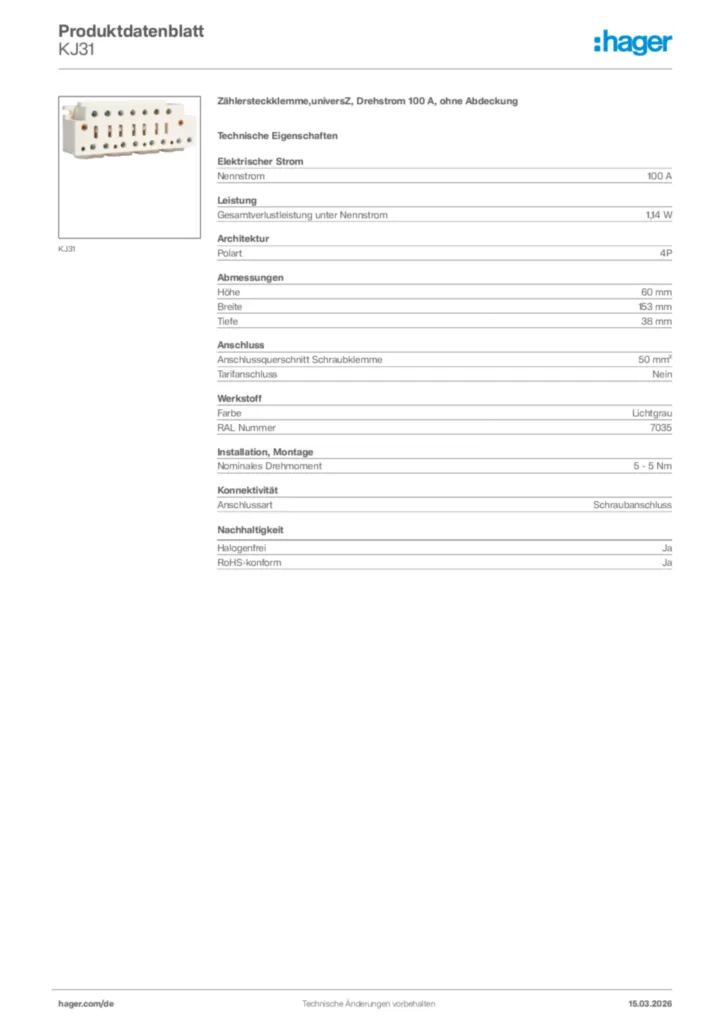 Bild Hager Produktdatenblatt KJ31 | Hager Deutschland