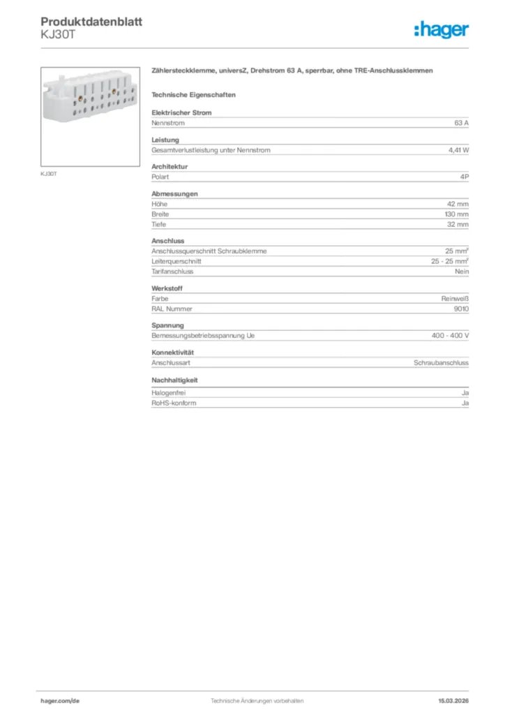 Bild Hager Produktdatenblatt KJ30T | Hager Deutschland