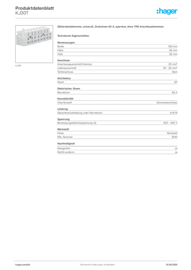 Hager Produktdatenblatt KJ30T