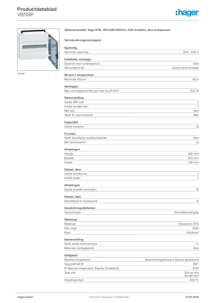 Afbeelding Hager Productdatablad VB118P | Hager Nederland