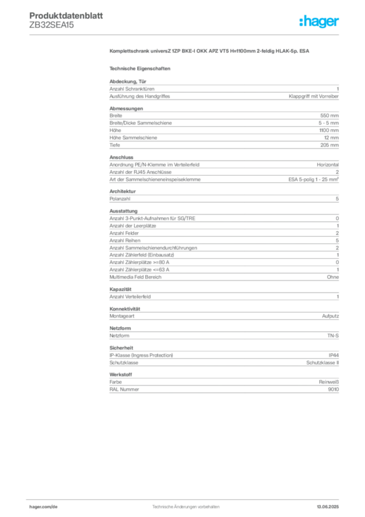 Bild Hager Produktdatenblatt ZB32SEA15 | Hager Deutschland