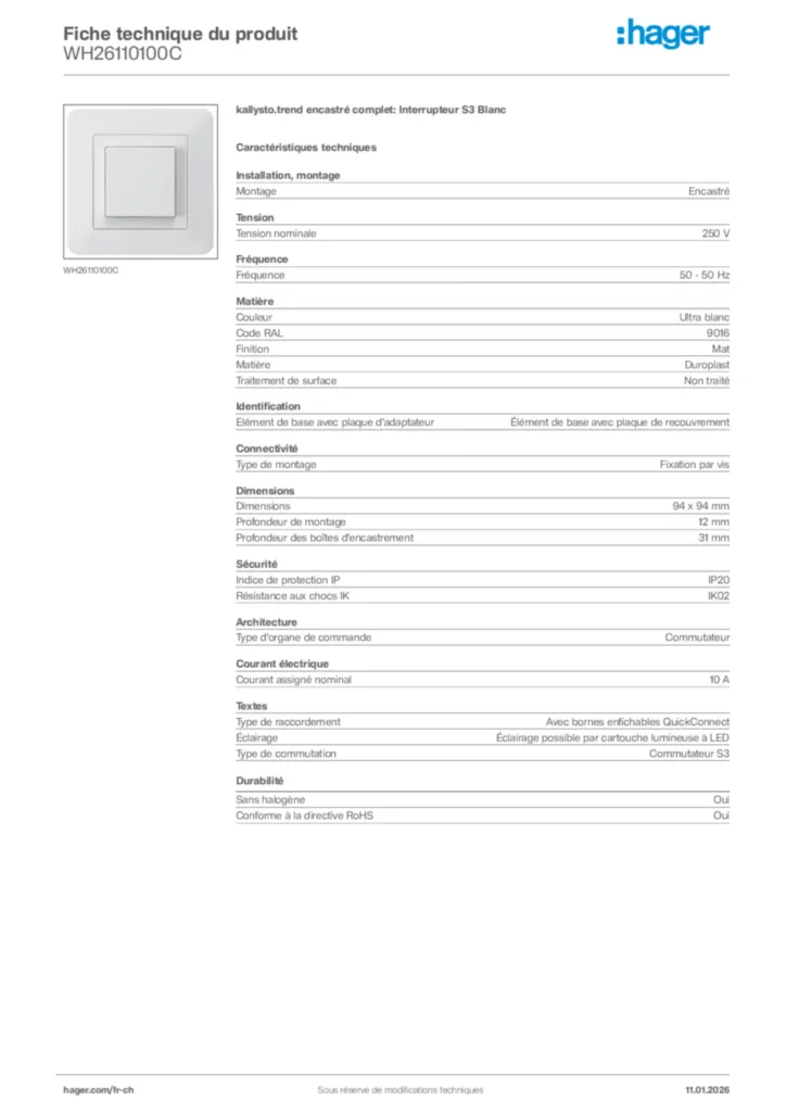 Image Hager Fiche technique du produit WH26110100C | Hager Suisse