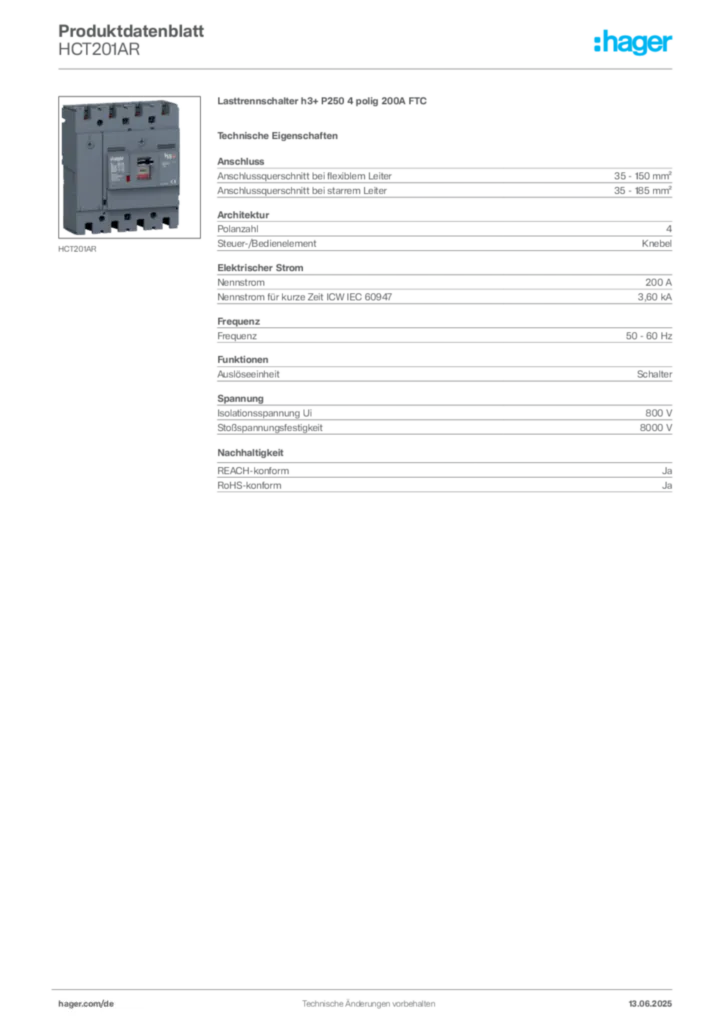 Hager Produktdatenblatt HCT201AR