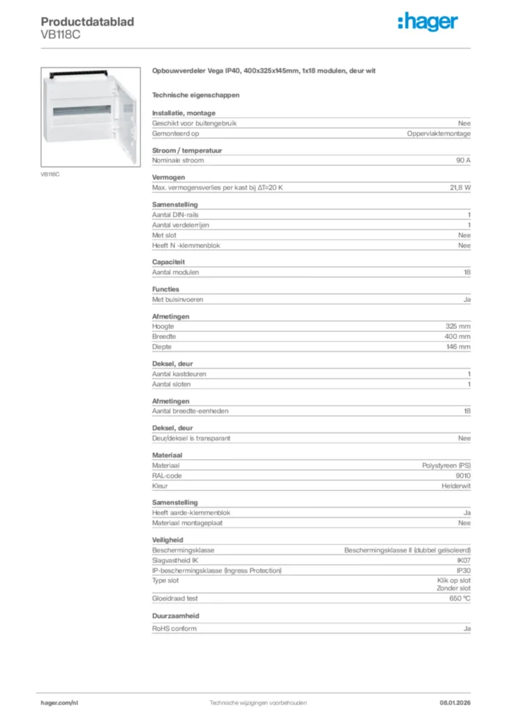 Afbeelding Hager Productdatablad VB118C | Hager Nederland