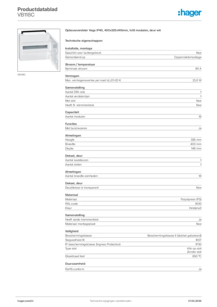 Afbeelding Hager Productdatablad VB118C | Hager Nederland