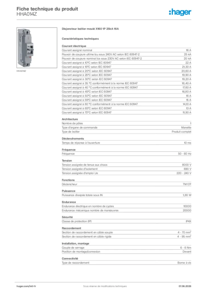 Image Hager Fiche technique du produit HHA014Z | Hager Afrique
