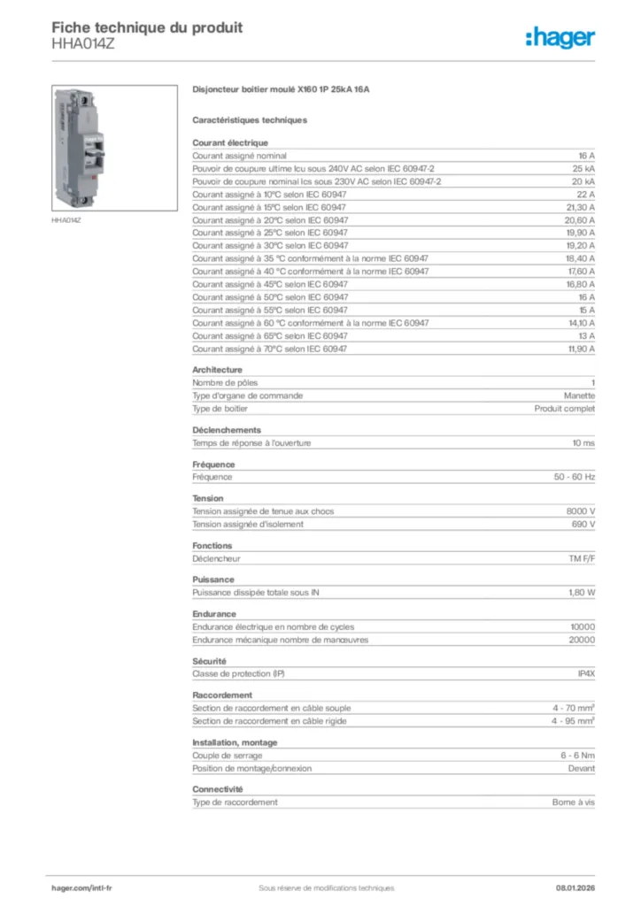 Image Hager Fiche technique du produit HHA014Z | Hager Afrique