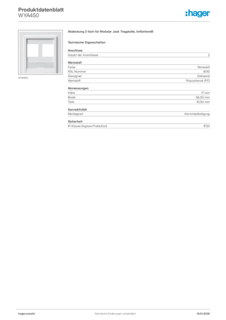 Bild Hager Produktdatenblatt WYA450 | Hager Deutschland