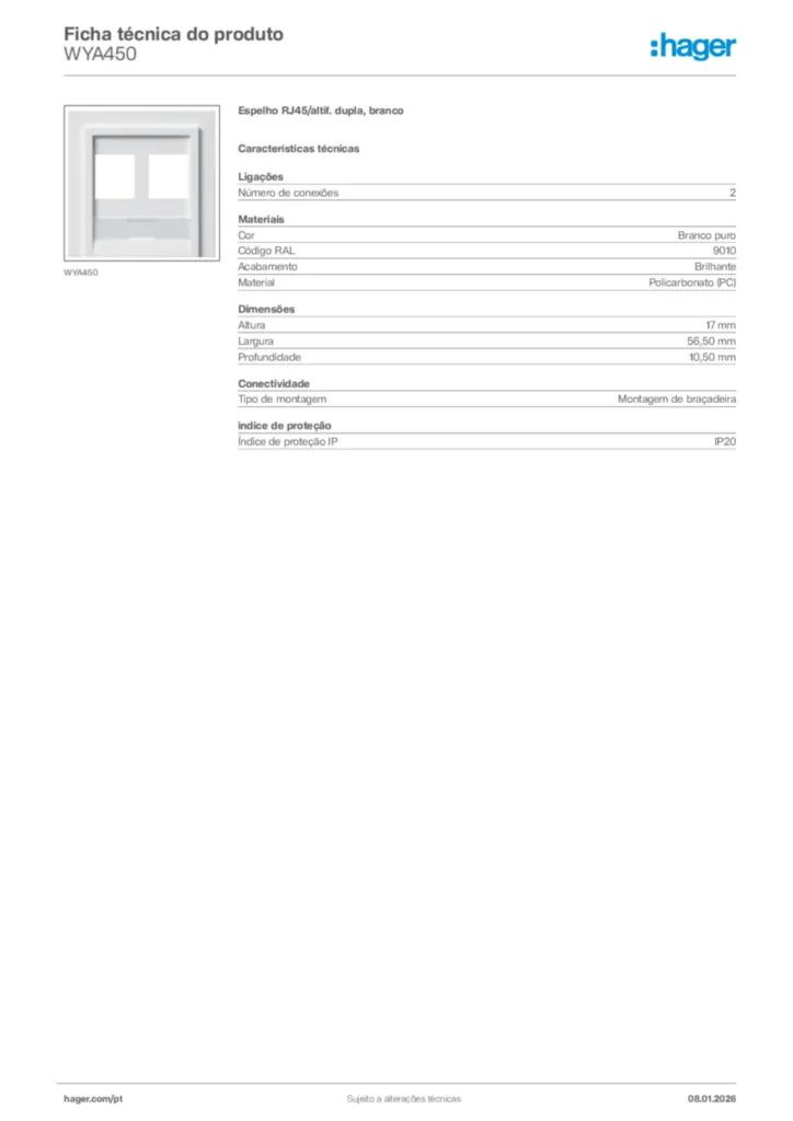 Imagem Hager Ficha técnica do produto WYA450 | Hager Portugal