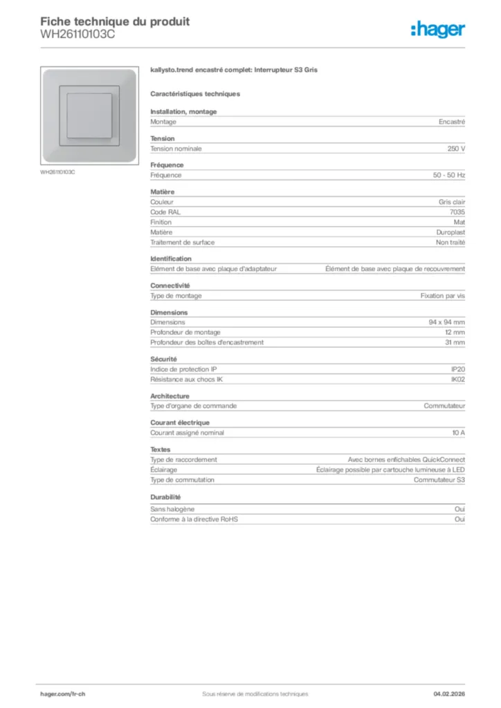 Image Hager Fiche technique du produit WH26110103C | Hager Suisse